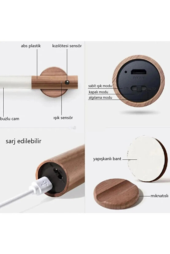 10 Adet Şarjlı Kablosuz Sensörlü Led Aplik Şarjlı Harekete Duyarlı Dokoratif Duvar Lambası