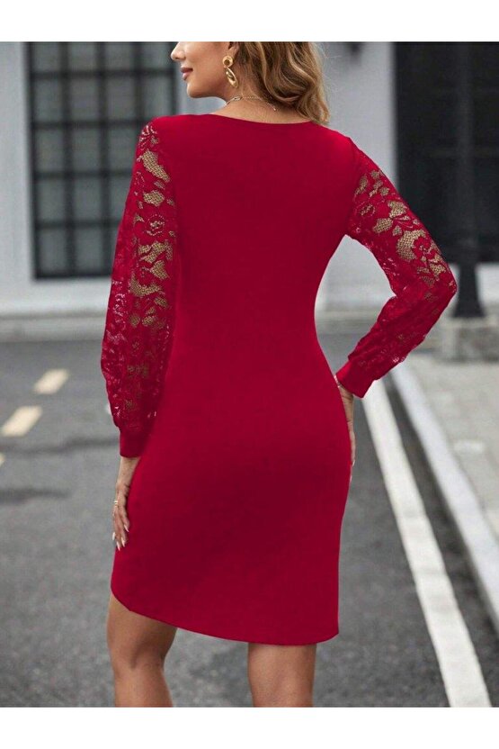 Kadın Uzun Kollu Kruvaze Yaka Beli Düğme Detay Krep Elbise