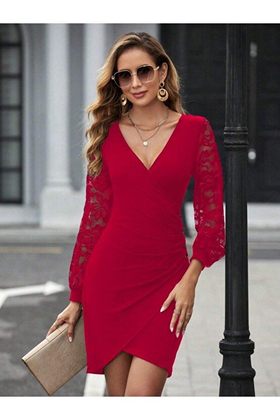 Kadın Uzun Kollu Kruvaze Yaka Beli Düğme Detay Krep Elbise