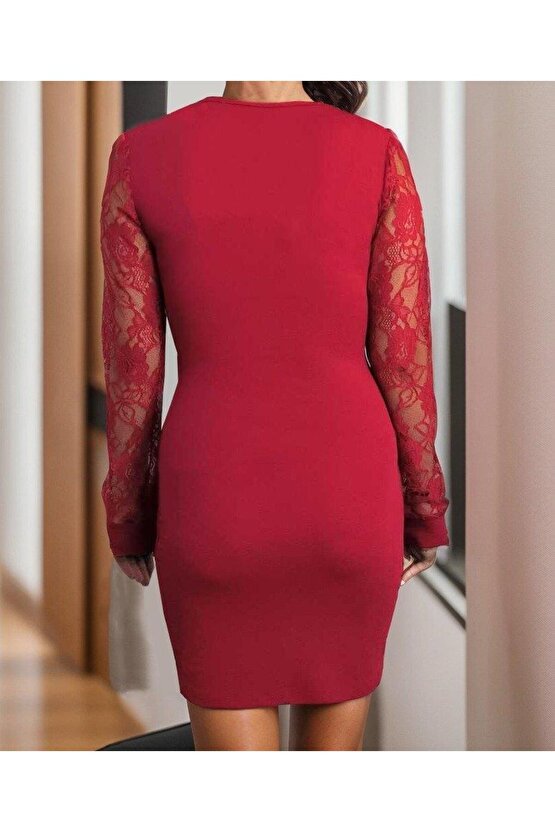 Kadın Uzun Kollu Kruvaze Yaka Beli Düğme Detay Krep Elbise