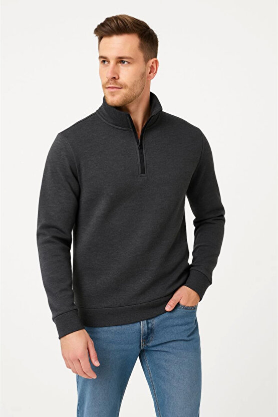 EQURİ Erkek Dik Yaka Sweatshirt Dik Yaka Yarım Fermuarlı 3 İplik Şardonlu Pamuk Kumaş - Antrasit