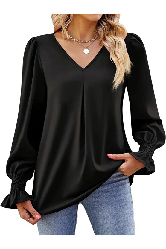 Kadın Uzun Kollu V Yakalı Salaş Ithal Krep Bluz