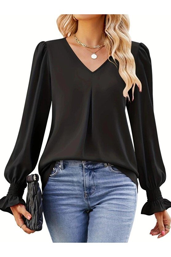 Kadın Uzun Kollu V Yakalı Salaş Ithal Krep Bluz