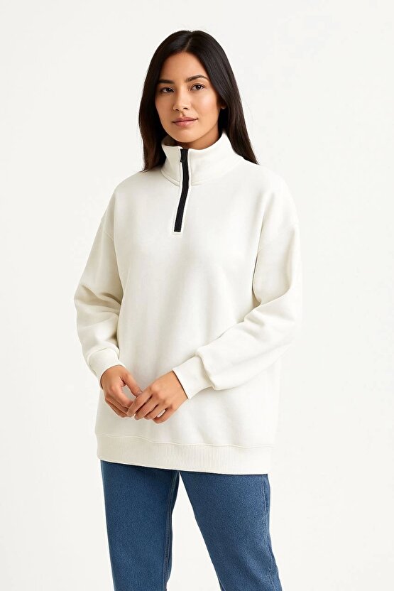 Kadın Üç İplik Dık Yaka Yarım Fermuarlı SweatShirt - Beyaz