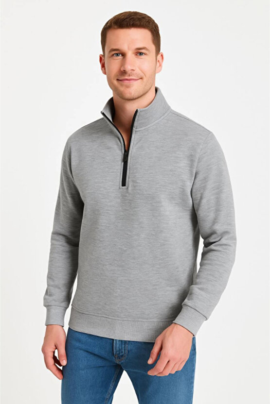 EQURİ Erkek Dik Yaka Sweatshirt Dik Yaka Yarım Fermuarlı 3 İplik Şardonlu Pamuk Kumaş - Gri