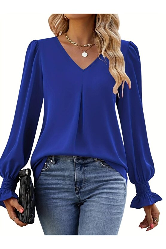 Kadın Uzun Kollu V Yakalı Salaş Ithal Krep Bluz