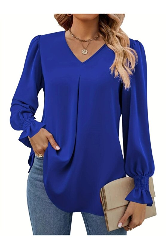 Kadın Uzun Kollu V Yakalı Salaş Ithal Krep Bluz