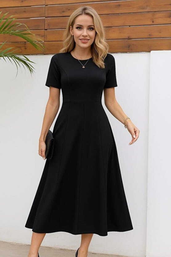 Kadın Kısa Kollu Bisiklet Yaka Maksi Boy Ithal Krep Elbise