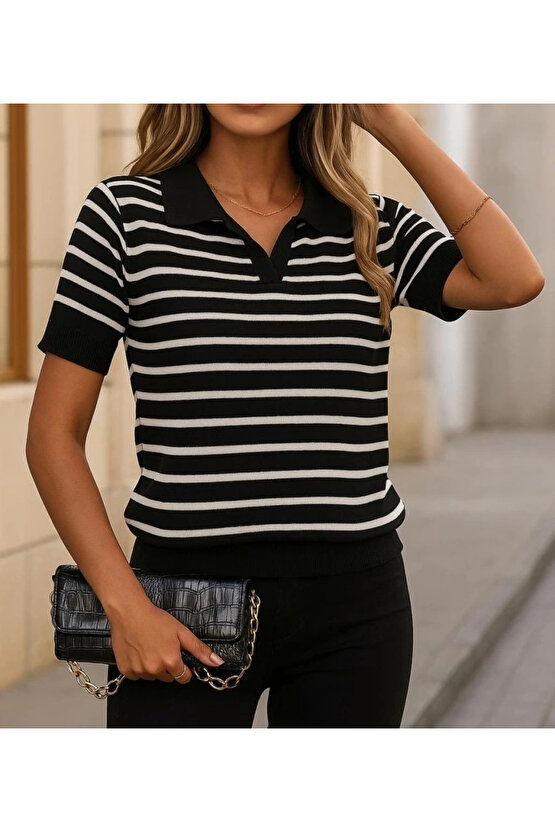 Kadın Kısa Kol Polo Yaka çizgi Desen Triko Bluz