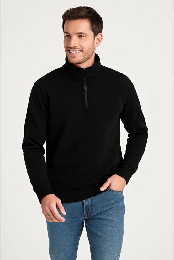EQURİ Erkek Dik Yaka Sweatshirt Dik Yaka Yarım Fermuarlı 3 İplik Şardonlu Pamuk Kumaş - Siyah
