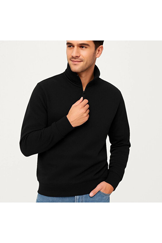 EQURİ Erkek Dik Yaka Sweatshirt Dik Yaka Yarım Fermuarlı 3 İplik Şardonlu Pamuk Kumaş - Siyah