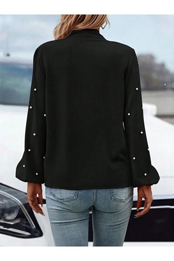 Kadın Uzun Kollu Yakadan Fiyonklu Incili Ithal Krep Bluz