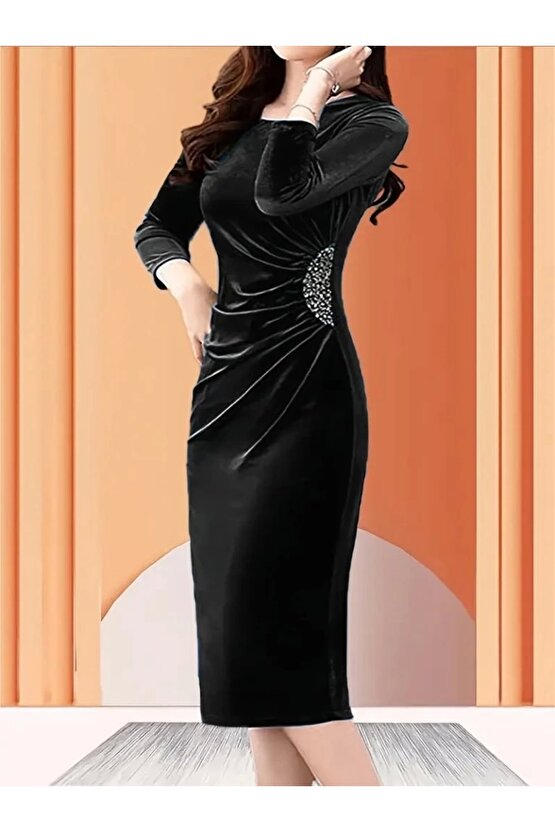 Kadın Uzun Kollu Bot Yaka Yanı Taş Detaylı Midi Kadife Elbise