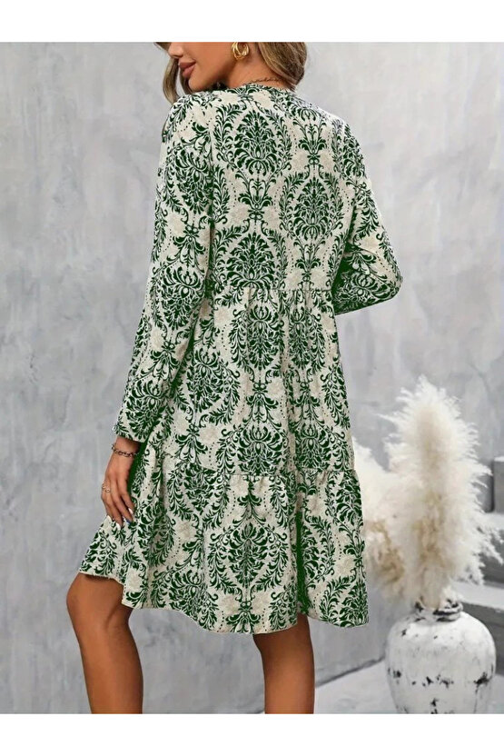 Kadın Uzun Kollu V Yakalı Fırfırlı Mini Süprem Elbise