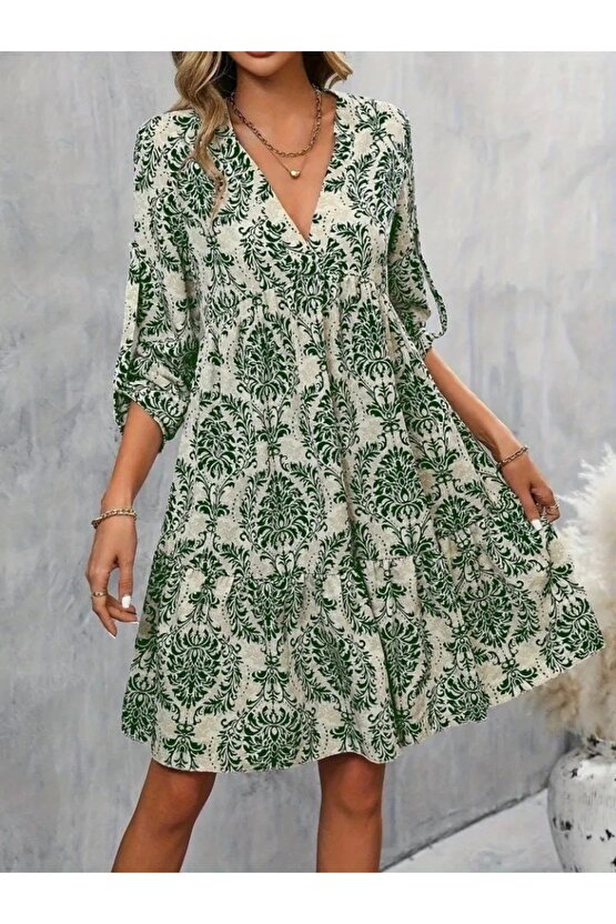 Kadın Uzun Kollu V Yakalı Fırfırlı Mini Süprem Elbise