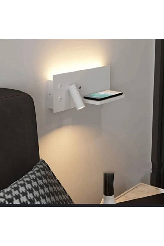 Ekim Aydınlatma Yatak Başı Led Aplik Kablosuz Şarj Okuma Lambası Beyaz Kasa Günışığı Işık Ecn-7701