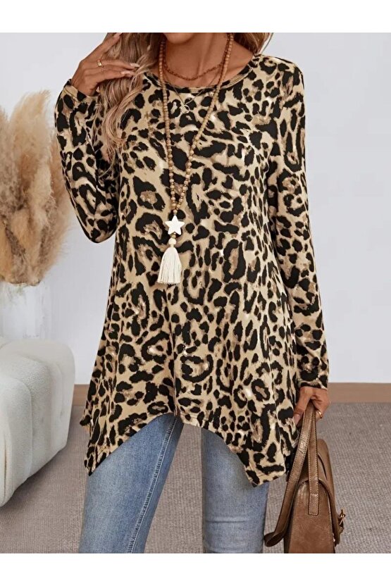 EQURİ Kadın Uzun Kollu Bisiklet Yaka Leopar Desenli Süprem Bluz