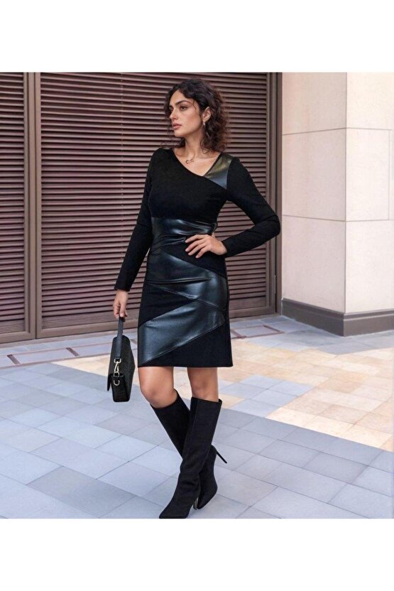 Kadın Uzun Kollu Asimetrik Yaka Süet Ve Deri Mini Boy Elbise