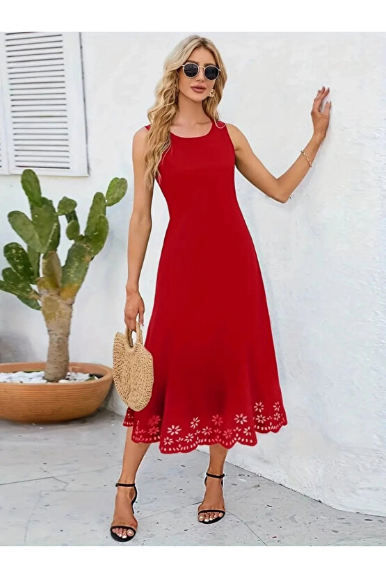 Kadın Kolsuz Etek Ucu Lazer Kesim çiçek Desenli Midi Boy Ithal Krep Elbise