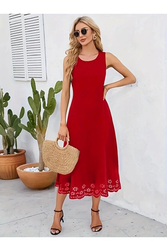 Kadın Kolsuz Etek Ucu Lazer Kesim çiçek Desenli Midi Boy Ithal Krep Elbise