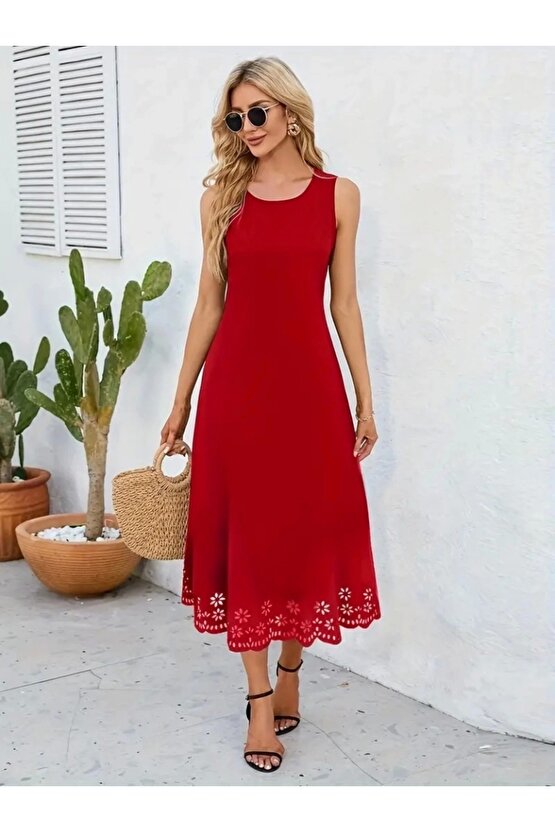 Kadın Kolsuz Etek Ucu Lazer Kesim çiçek Desenli Midi Boy Ithal Krep Elbise