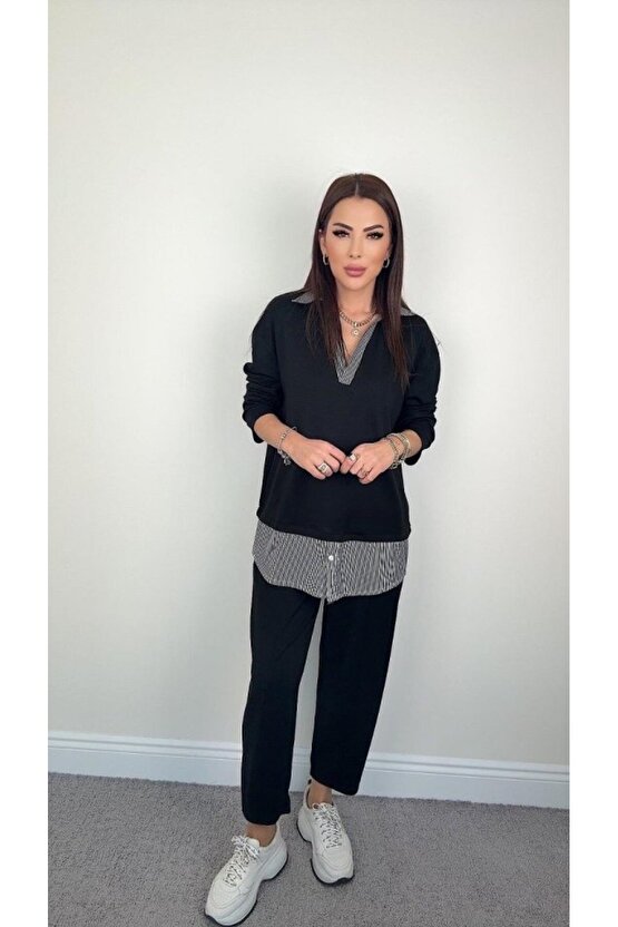 Polo Yaka Gömlek Detay Salaş Balon Pantolunlu ıkılı Takım