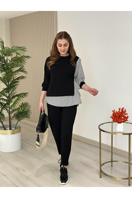 EQURİ Kadın Gömlek Detay çizgili Yandan Bağlamalı Ikili Takım