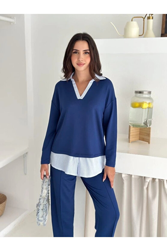 Polo Yaka Gömlekli Salaş Balon Pantolunlu ıkılı Takım