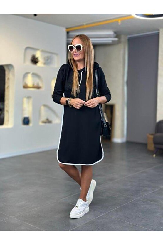 Kadın Uzun Kollu Kapüşon Ve Ribana Detay Diz üstü Elbise