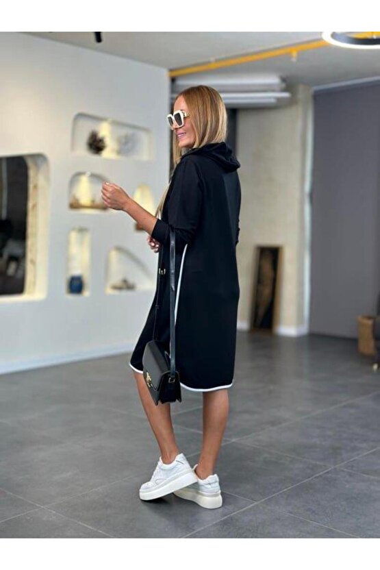 Kadın Uzun Kollu Kapüşon Ve Ribana Detay Diz üstü Elbise