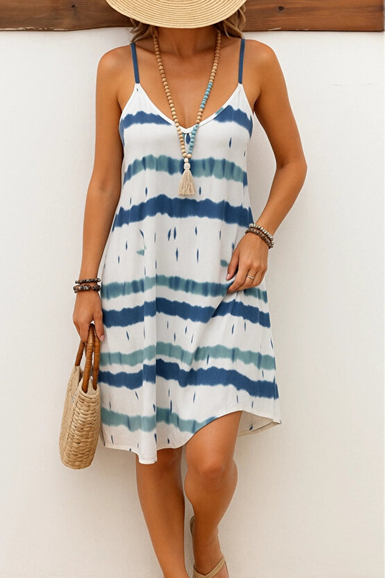 Kadın Ip Askılı V Yakalı Karışık Renkli Süprem Elbise