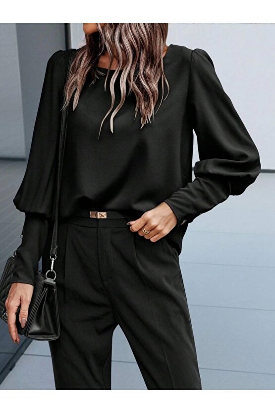 Kadın Uzun Kollu Yuvarlak Yakalı Düğmeli Ithal Krep Bluz