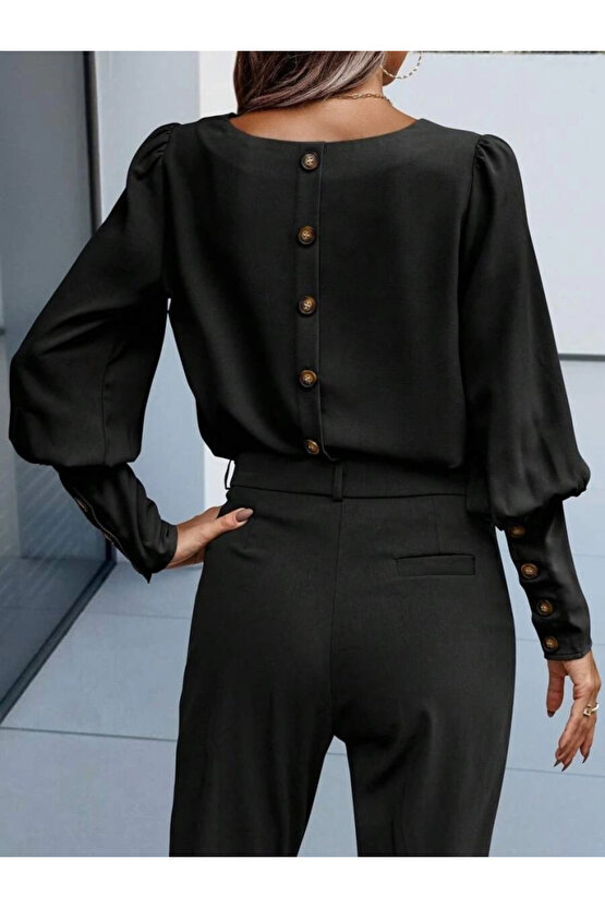 Kadın Uzun Kollu Yuvarlak Yakalı Düğmeli Ithal Krep Bluz