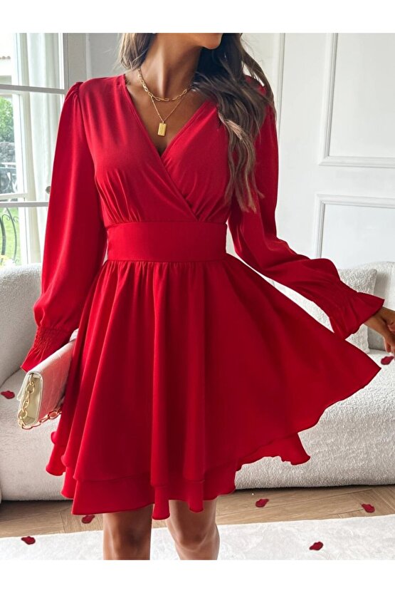 EQURİ Kadın Uzun Kollu Kruvaze Yakalı Mini Sandy Elbise