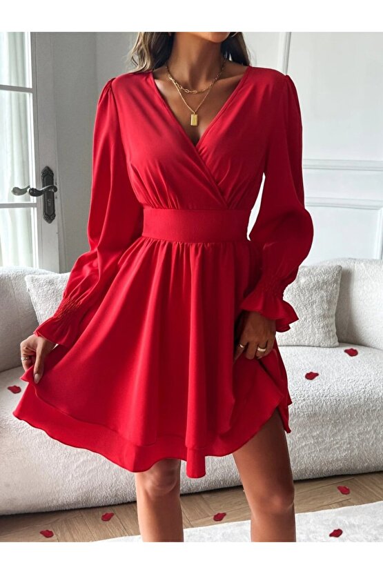 EQURİ Kadın Uzun Kollu Kruvaze Yakalı Mini Sandy Elbise