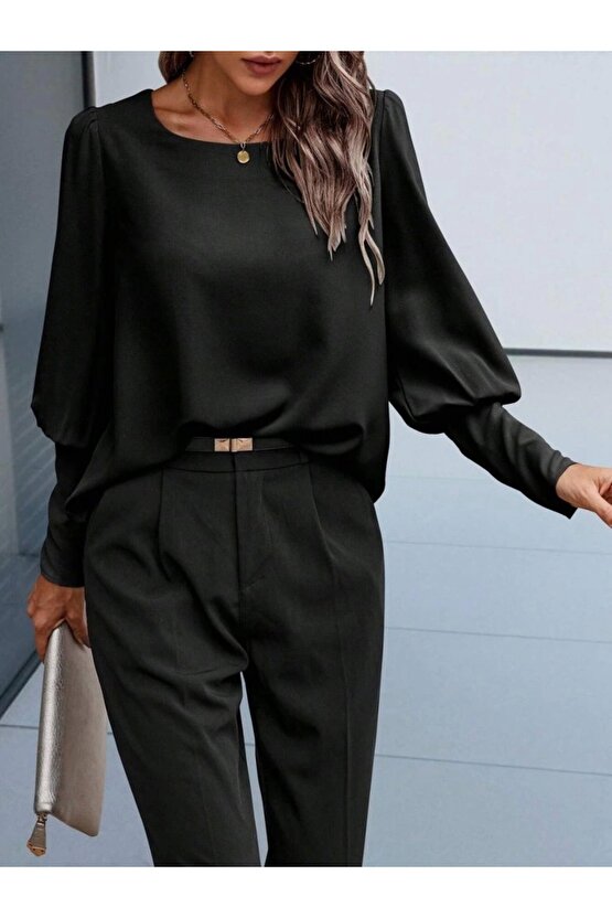 Kadın Uzun Kollu Yuvarlak Yakalı Düğmeli Ithal Krep Bluz