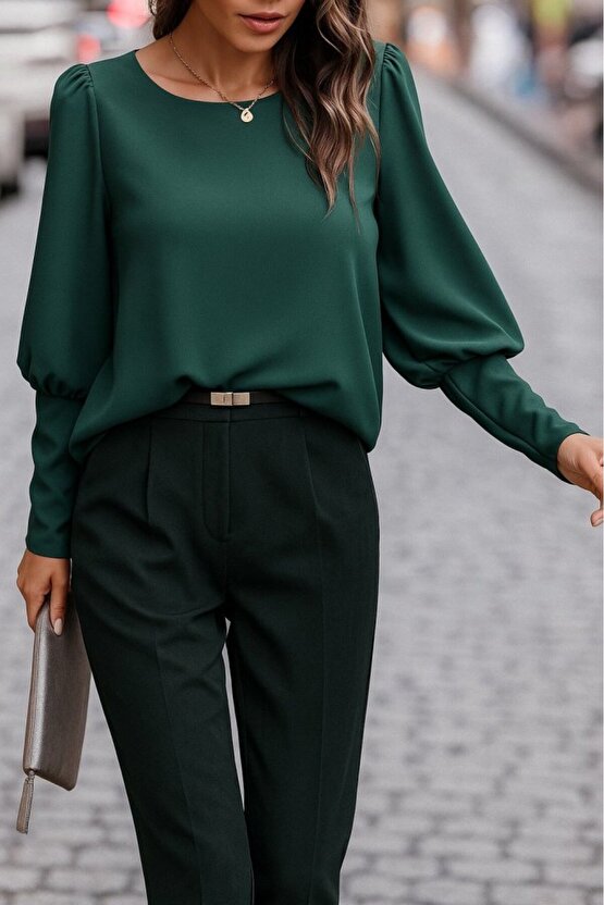 EQURİ Kadın Uzun Kollu Yuvarlak Yakalı Düğmeli Ithal Krep Bluz