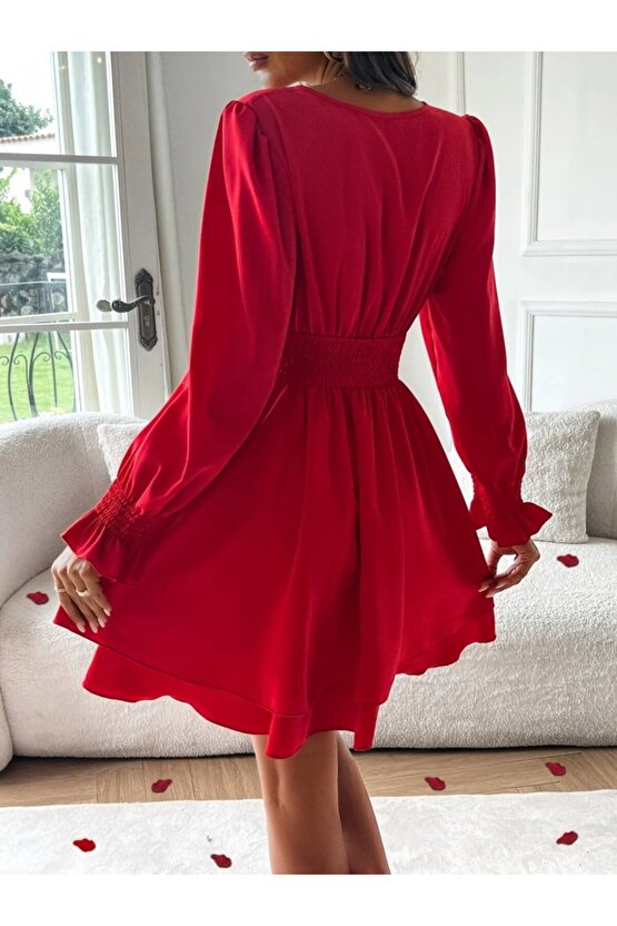EQURİ Kadın Uzun Kollu Kruvaze Yakalı Mini Sandy Elbise