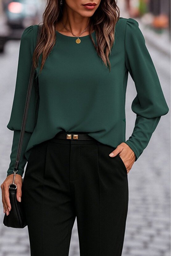 EQURİ Kadın Uzun Kollu Yuvarlak Yakalı Düğmeli Ithal Krep Bluz