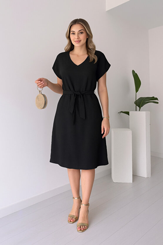 EQURİ Kadın Kısa Kollu V Yakalı Beli Kuşaklı Ithal Keten Elbise