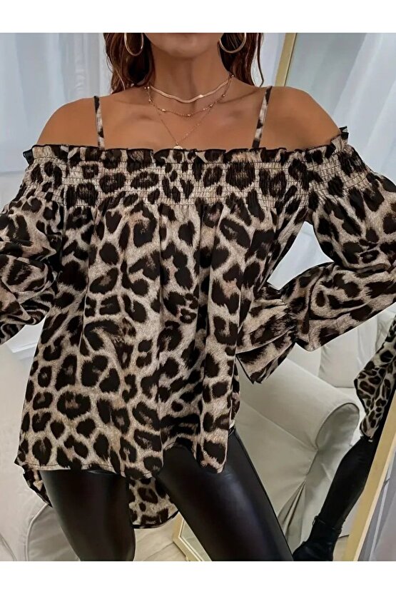 EQURİ Kadın Ip Askılı Omuzlardan Açık Leopar Desenli Asimetrik Kesim Süprem Bluz