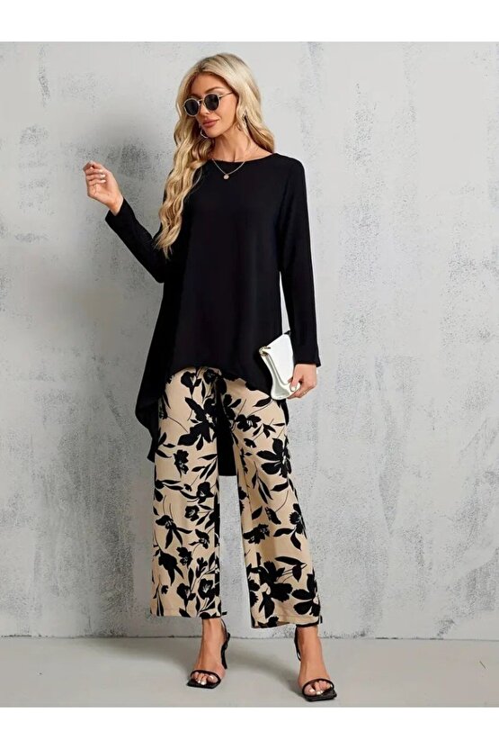 EQURİ Kadın Uzun Kollu Bisiklet Yaka Asimetrik Kesim Detaylı Viskon Bluz Ve çiçek Desenli Iki Iplik