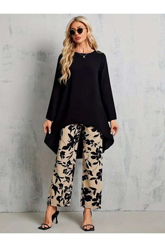 EQURİ Kadın Uzun Kollu Bisiklet Yaka Asimetrik Kesim Detaylı Viskon Bluz Ve çiçek Desenli Iki Iplik