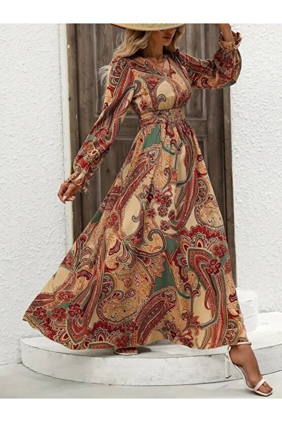 EQURİ Kadın Uzun Kollu V Yakalı Beli Lastikli Desenli Süprem Elbise