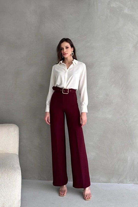 Kadın Yüksek Bel Krep Kumaş Full Likralı Ispanyol Paça Kemer Dahil Pantolon