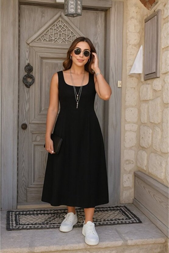 EQURİ Kadın Askılı Geometrik Yakalı Geniş Kesim Detaylı Ithal Krep Elbise