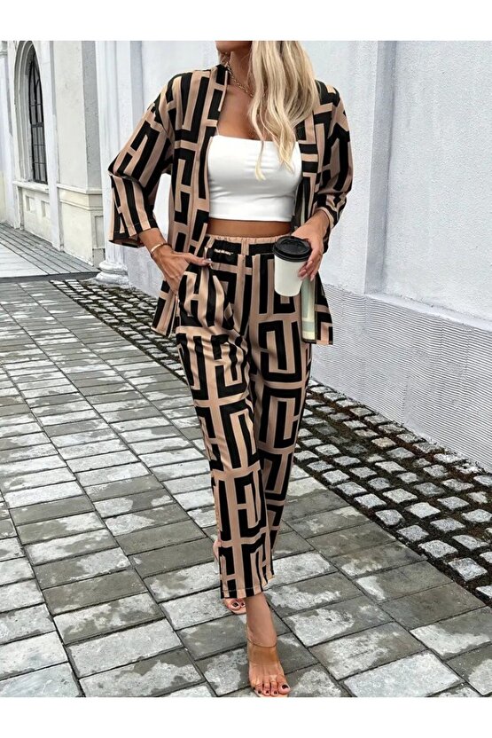 EQURİ Kadın Uzun Kollu önü Açık Desenli Iki Iplik Ceket Ve Pantolon Ikili Takım
