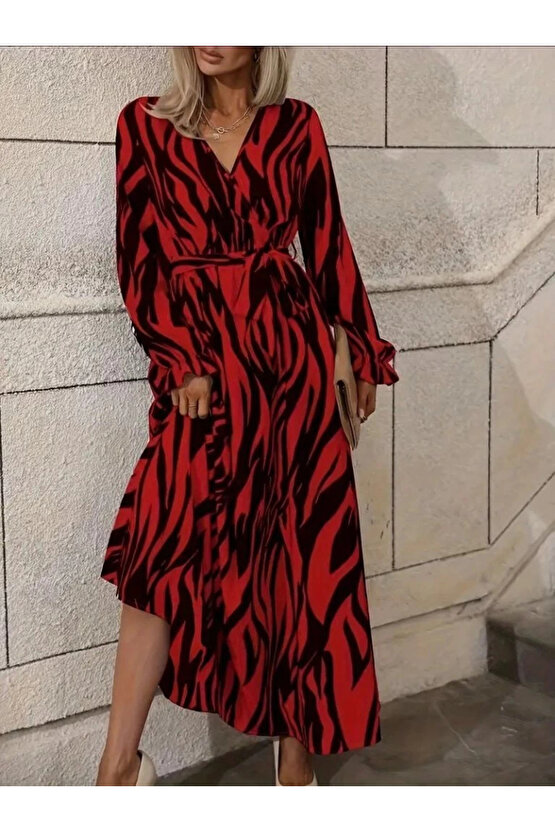 Kadın Uzun Kollu Kruvaze Yakalı Kuşaklı Zebra Desenli Süprem Maxi Elbise