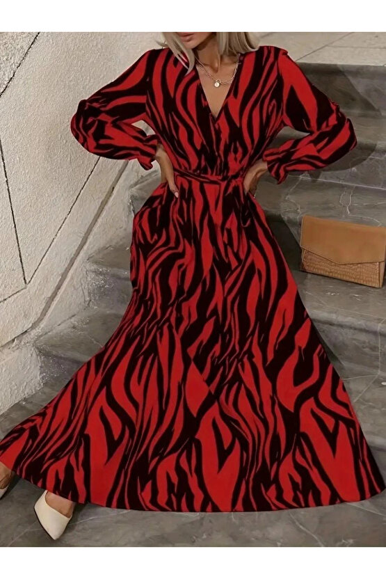 Kadın Uzun Kollu Kruvaze Yakalı Kuşaklı Zebra Desenli Süprem Maxi Elbise