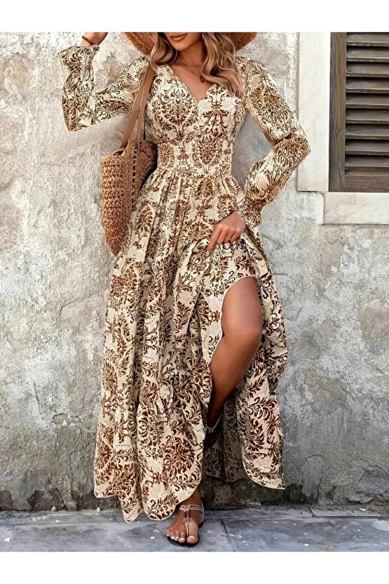 EQURİ Kadın Uzun Kollu V Yakalı Desenli Süprem Elbise